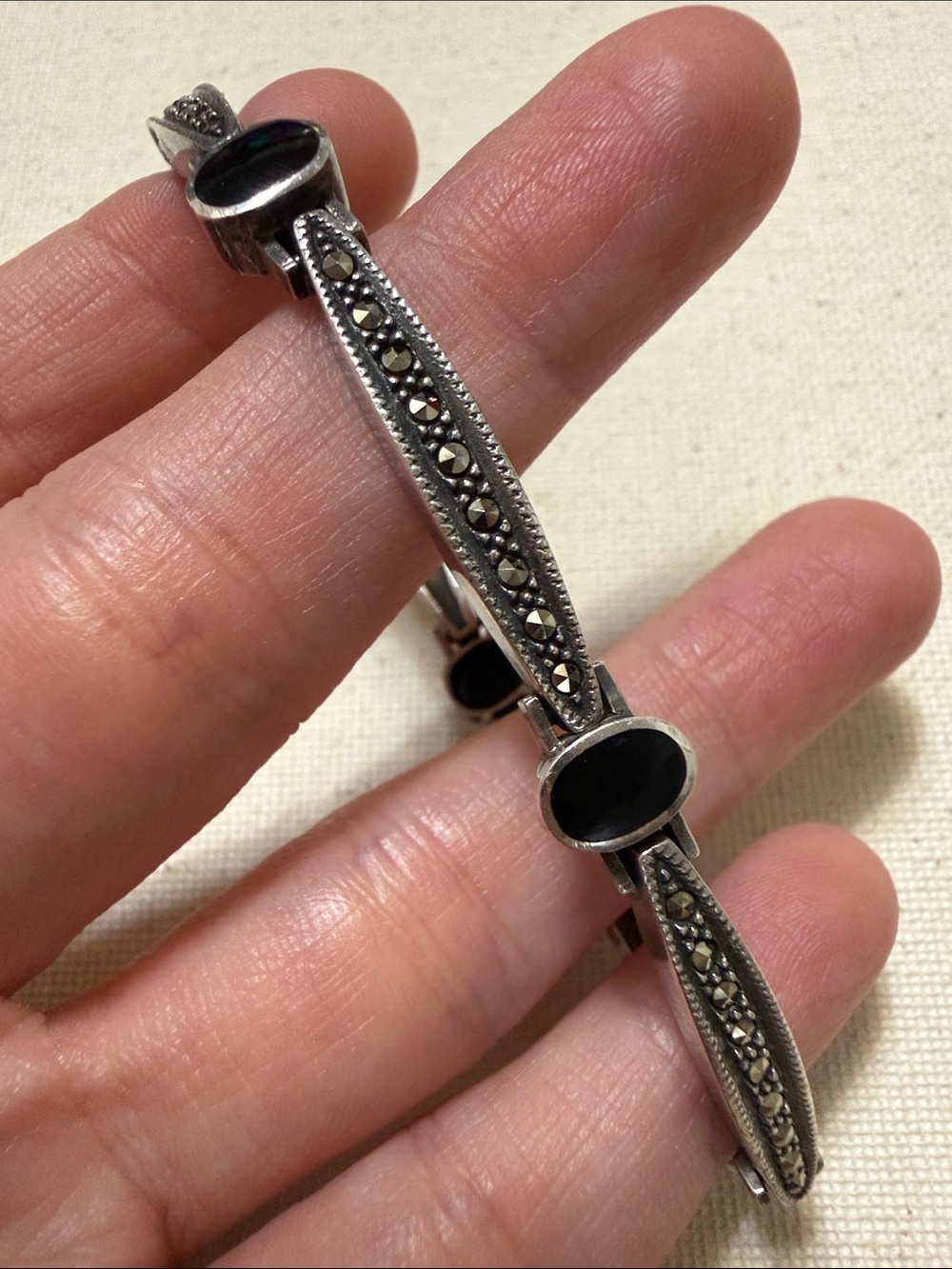 Sterling Silver Marcasite Bracelet with Black Onyx Accents
